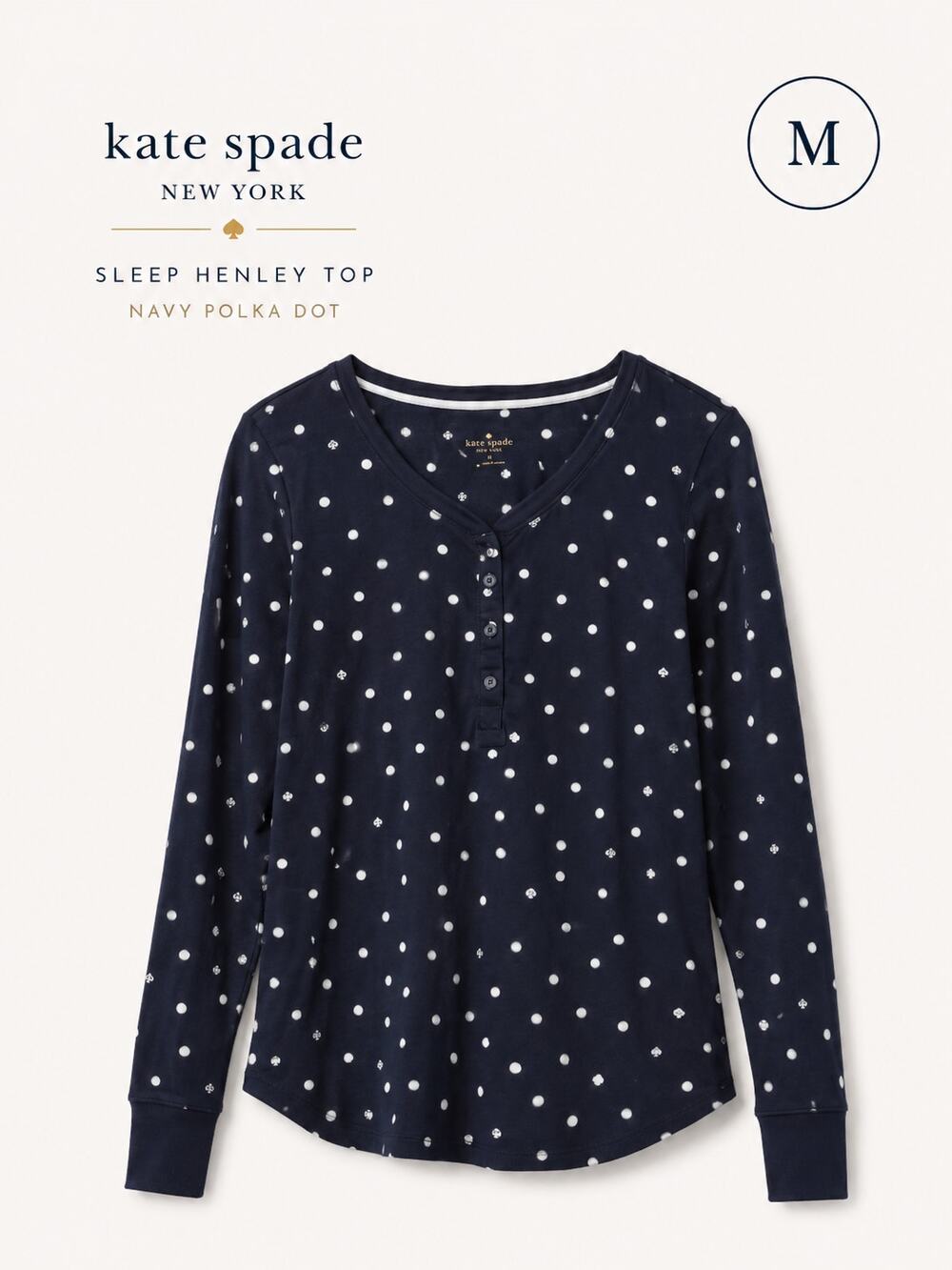 Kate Spade New York Pajama Top Medium Navy White Polka Dot Sleep Henley